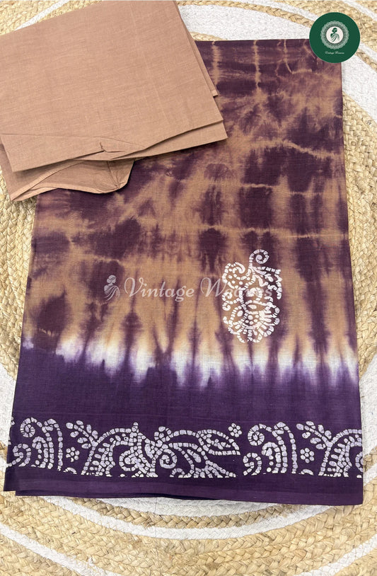 Shibori Printed Cotton Saree Flower-Purple