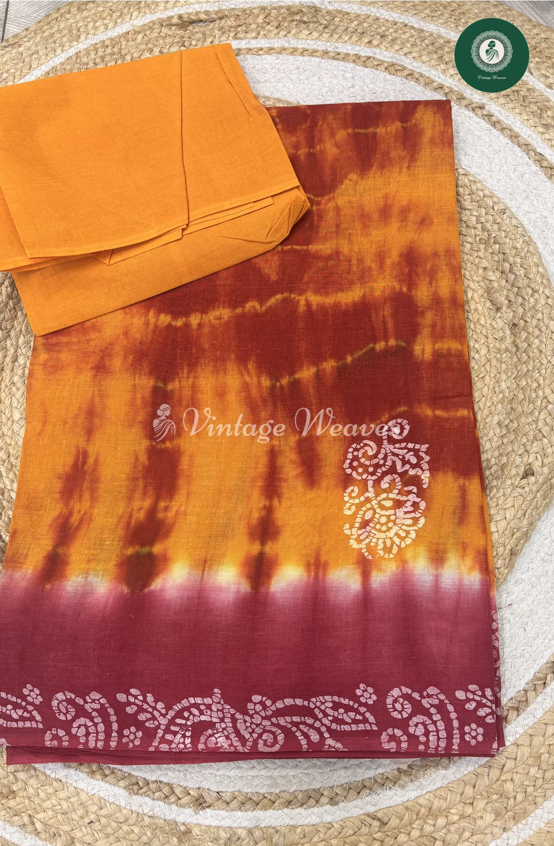 Shibori Printed Cotton Saree Flower-Red