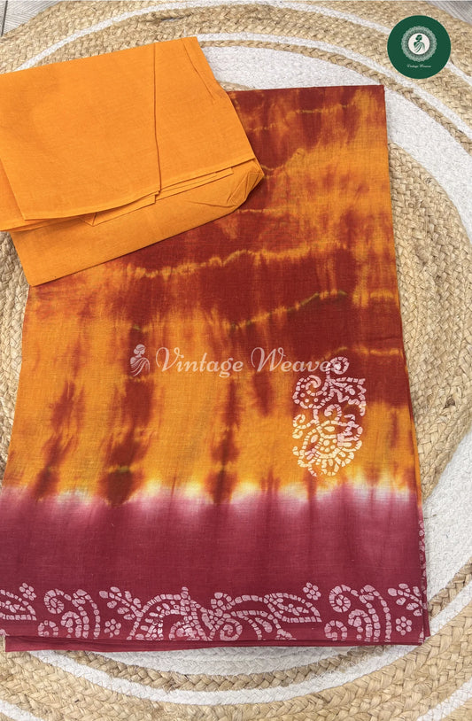 Shibori Printed Cotton Saree Flower-Red