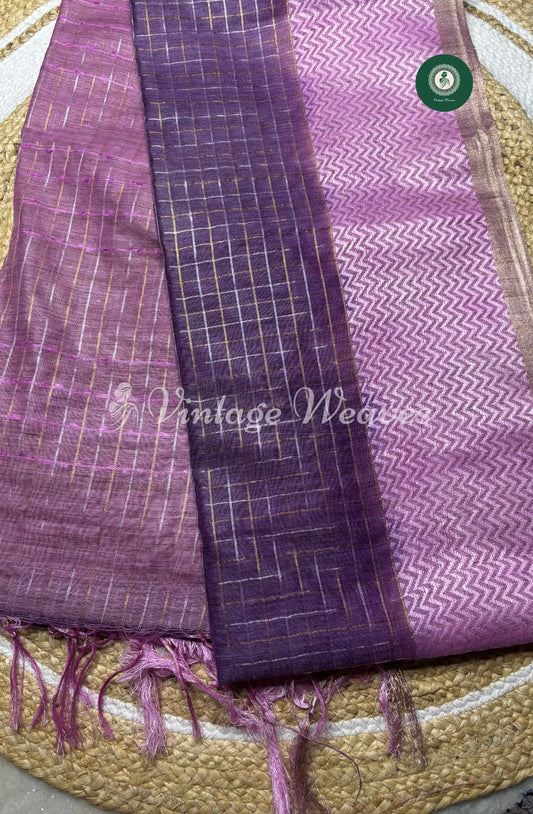 Soft And Shiny Tusser  Silk  Saree With Checked Body And Zigzag  Border-Blue With Pink