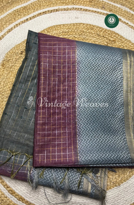 Soft And Shiny Tusser  Silk  Saree With Checked Body And Zigzag  Border1-Dark Marron With Grey