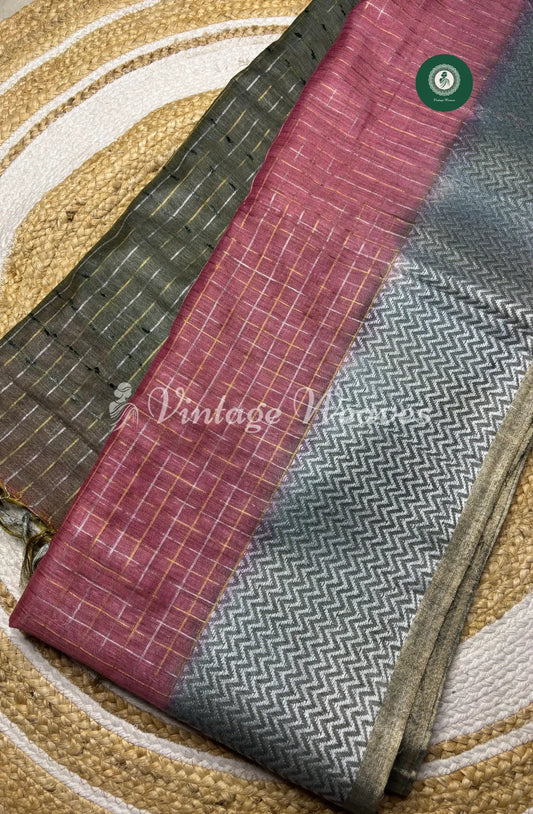 Soft And Shiny Tusser  Silk  Saree With Checked Body And Zigzag  Border-Marron With Grey