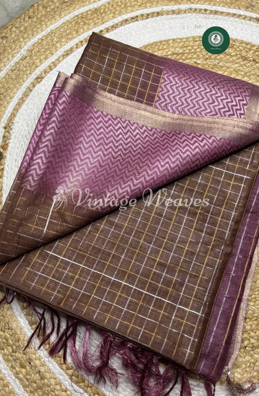 Soft And Shiny Tusser  Silk  Saree With Checked Body And Zigzag  Border1-Marron With Pink