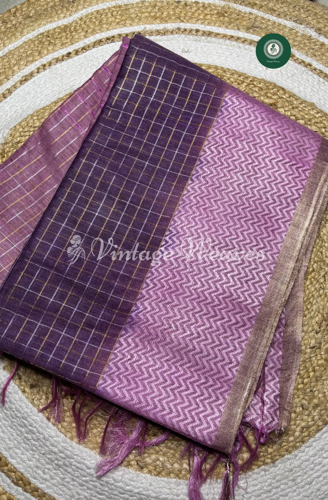 Soft And Shiny Tusser  Silk  Saree With Checked Body And Zigzag  Border-Blue With Pink