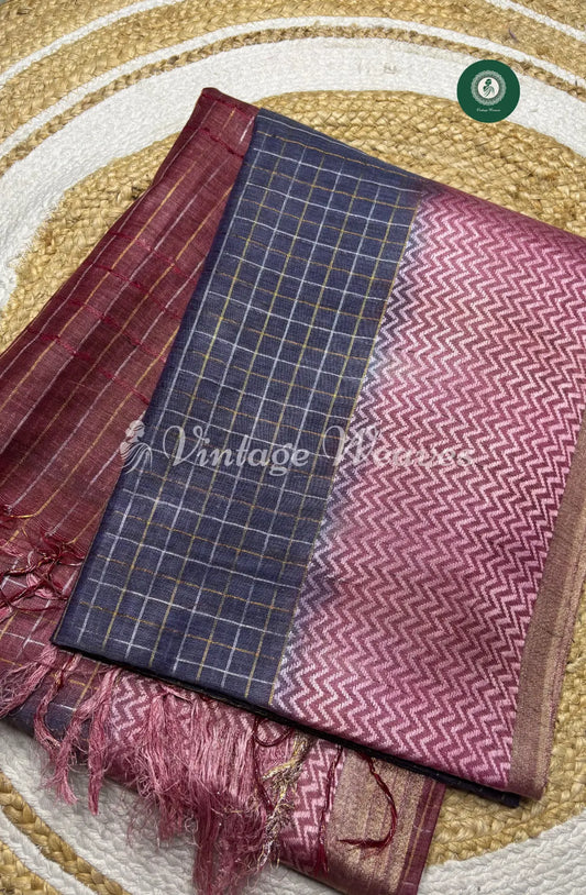 Soft And Shiny Tusser  Silk  Saree With Checked Body And Zigzag  Border-Dark BlueWith Marron
