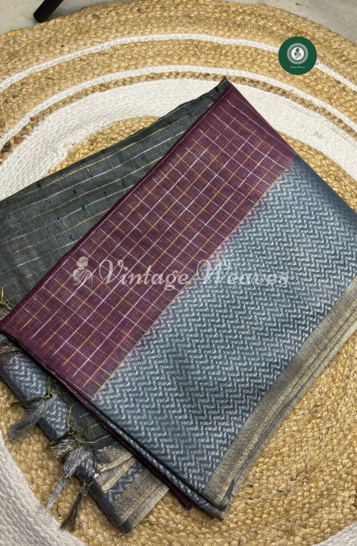 Soft And Shiny Tusser  Silk  Saree With Checked Body And Zigzag  Border1-Dark Marron With Grey
