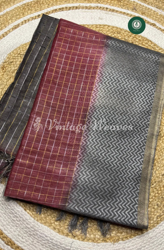 Soft And Shiny Tusser  Silk  Saree With Checked Body And Zigzag  Border-Red With Grey