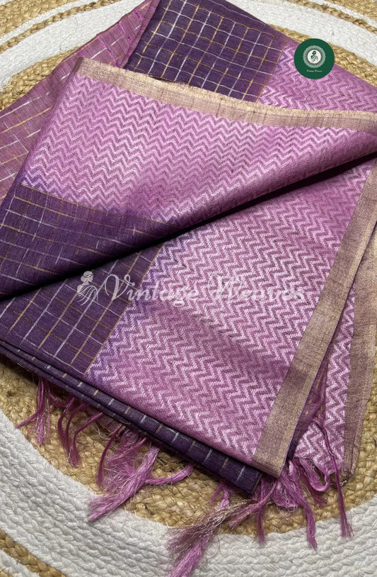 Soft And Shiny Tusser  Silk  Saree With Checked Body And Zigzag  Border-Blue With Pink
