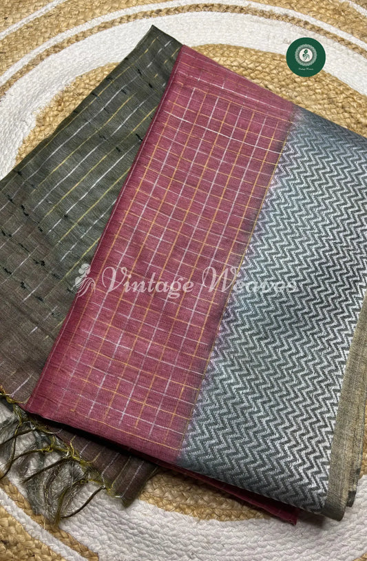 Soft And Shiny Tusser  Silk  Saree With Checked Body And Zigzag  Border-Marron With Grey