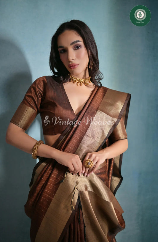 Soft Banarasi Raw Silk Saree With Zari Weaving Line Pattern-Brown