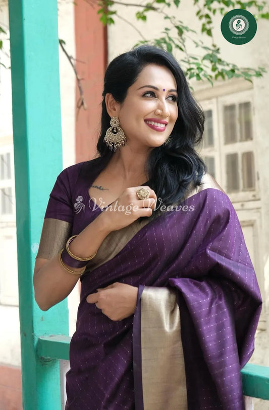 Soft Banarasi Raw Silk Saree With Zari Weaving Line Pattern-Royal Purple