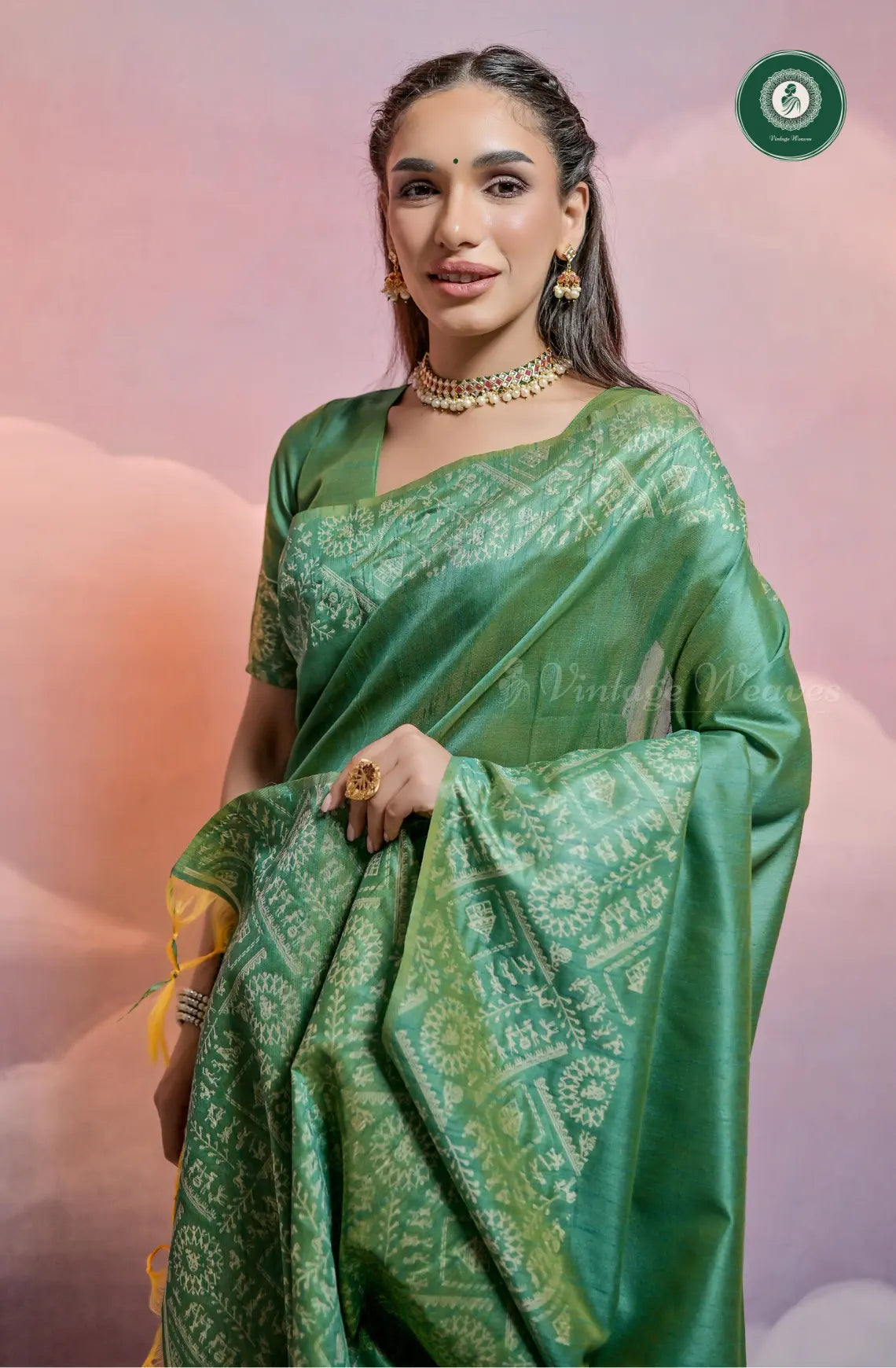 Soft Banglori Handloom Raw Silk Saree with Warli Weaving - Green