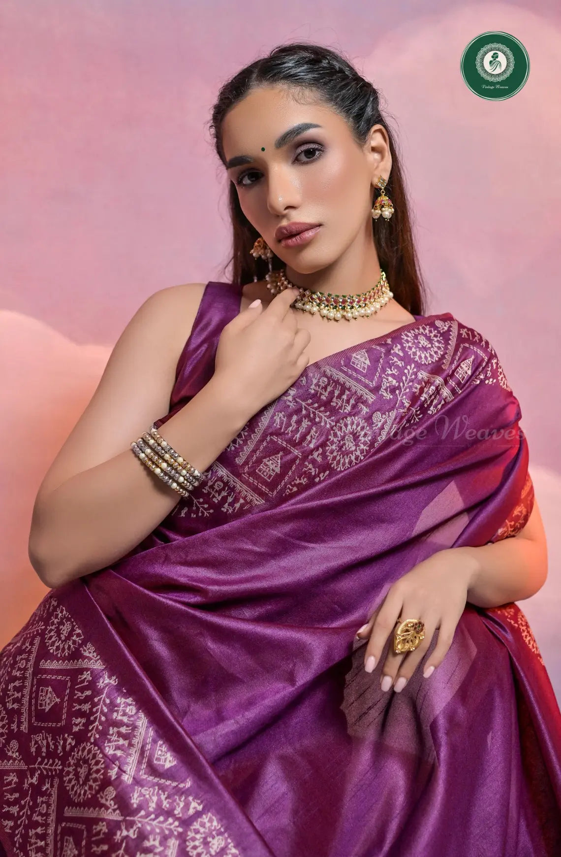 Soft Banglori Handloom Raw Silk Saree with Warli Weaving - Magenta
