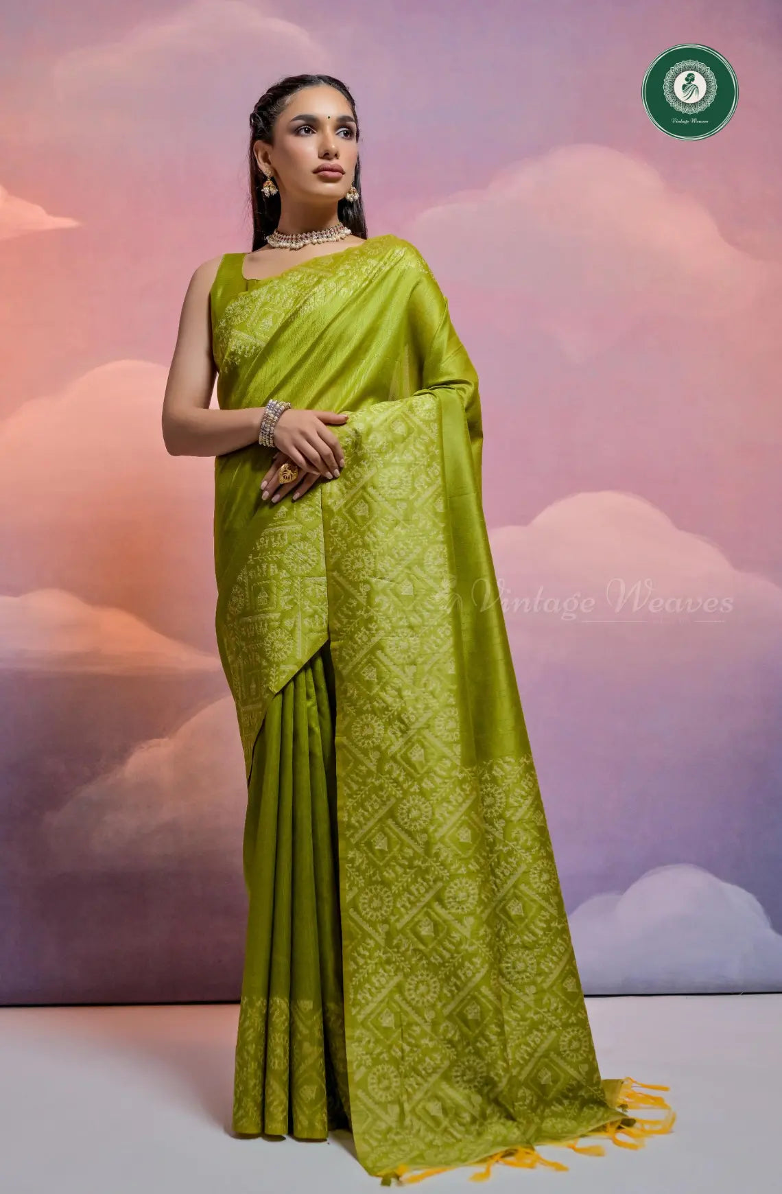 Soft Banglori Handloom Raw Silk Saree with Warli Weaving - Olive Green