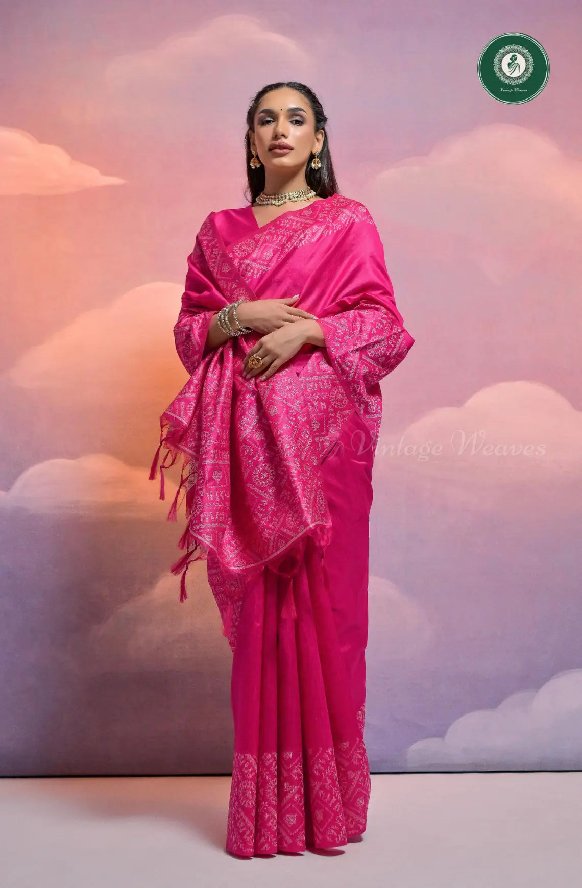 Soft Banglori Handloom Raw Silk Saree with Warli Weaving - Pink