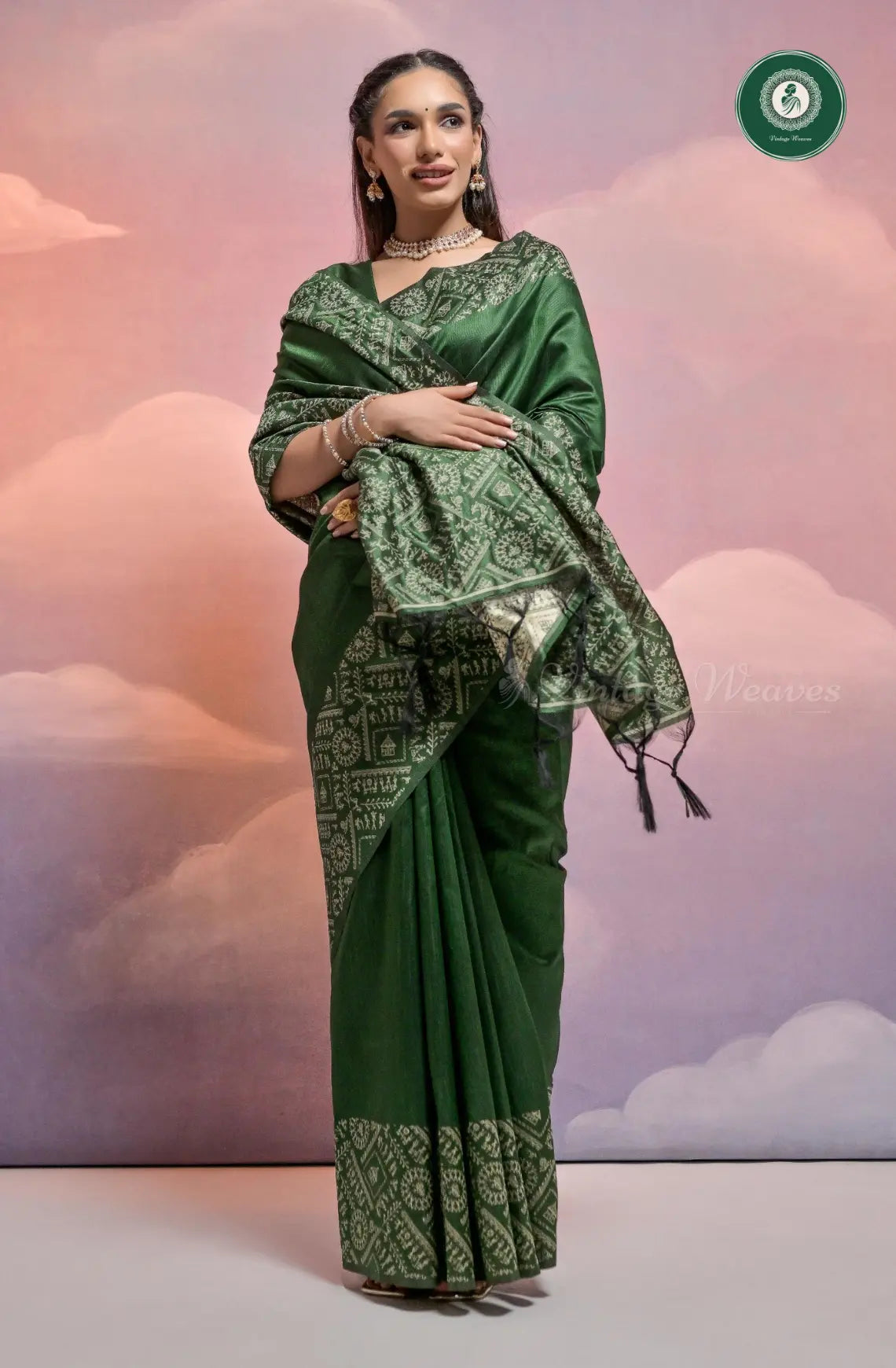 Soft Banglori Handloom Raw Silk Saree with Warli Weaving - Forest Green