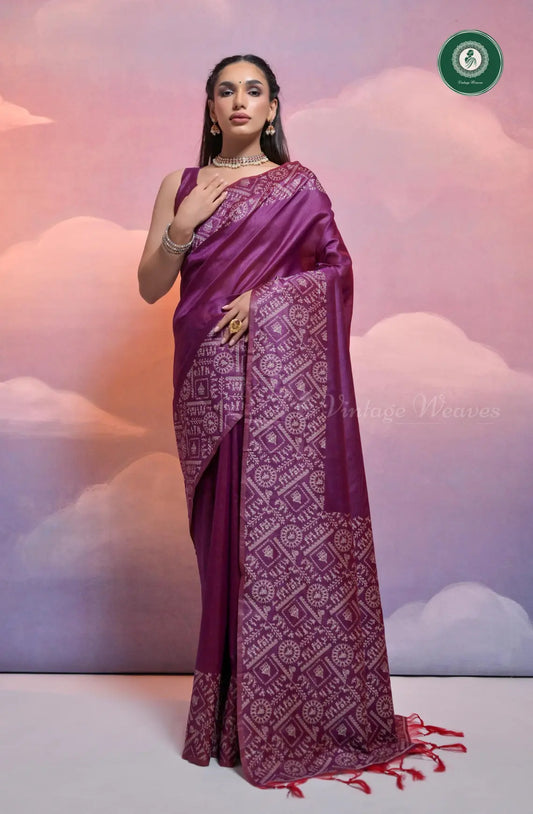 Soft Banglori Handloom Raw Silk Saree with Warli Weaving - Magenta