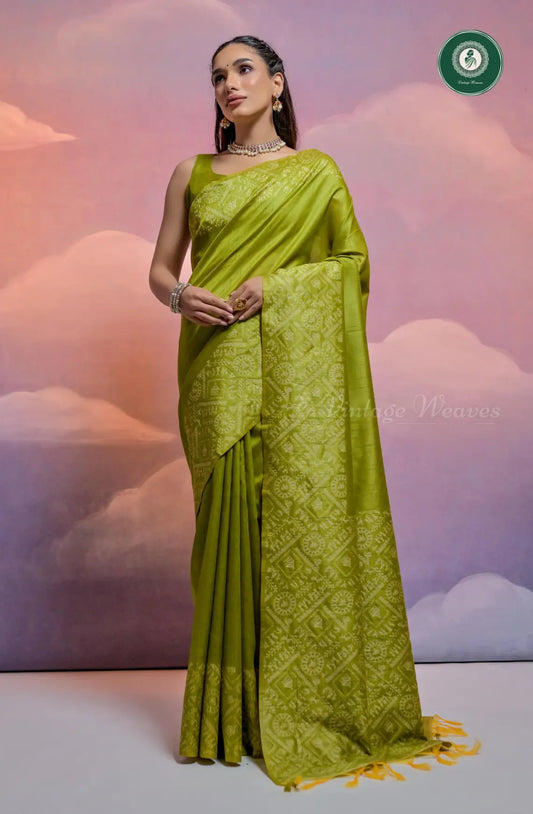 Soft Banglori Handloom Raw Silk Saree with Warli Weaving - Olive Green