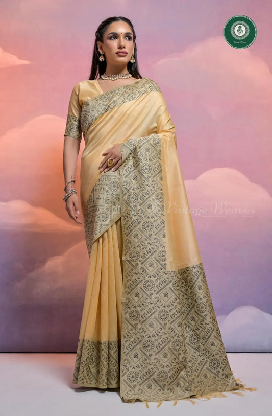 Soft Banglori Handloom Raw Silk Saree with Warli Weaving - Peach
