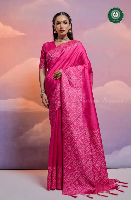 Soft Banglori Handloom Raw Silk Saree with Warli Weaving - Pink