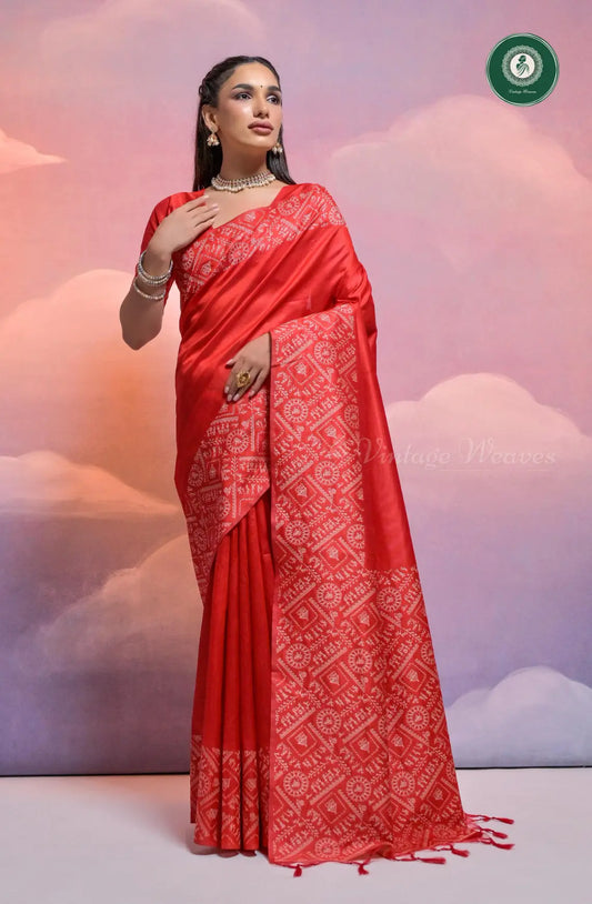 Soft Banglori Handloom Raw Silk Saree with Warli Weaving - Red