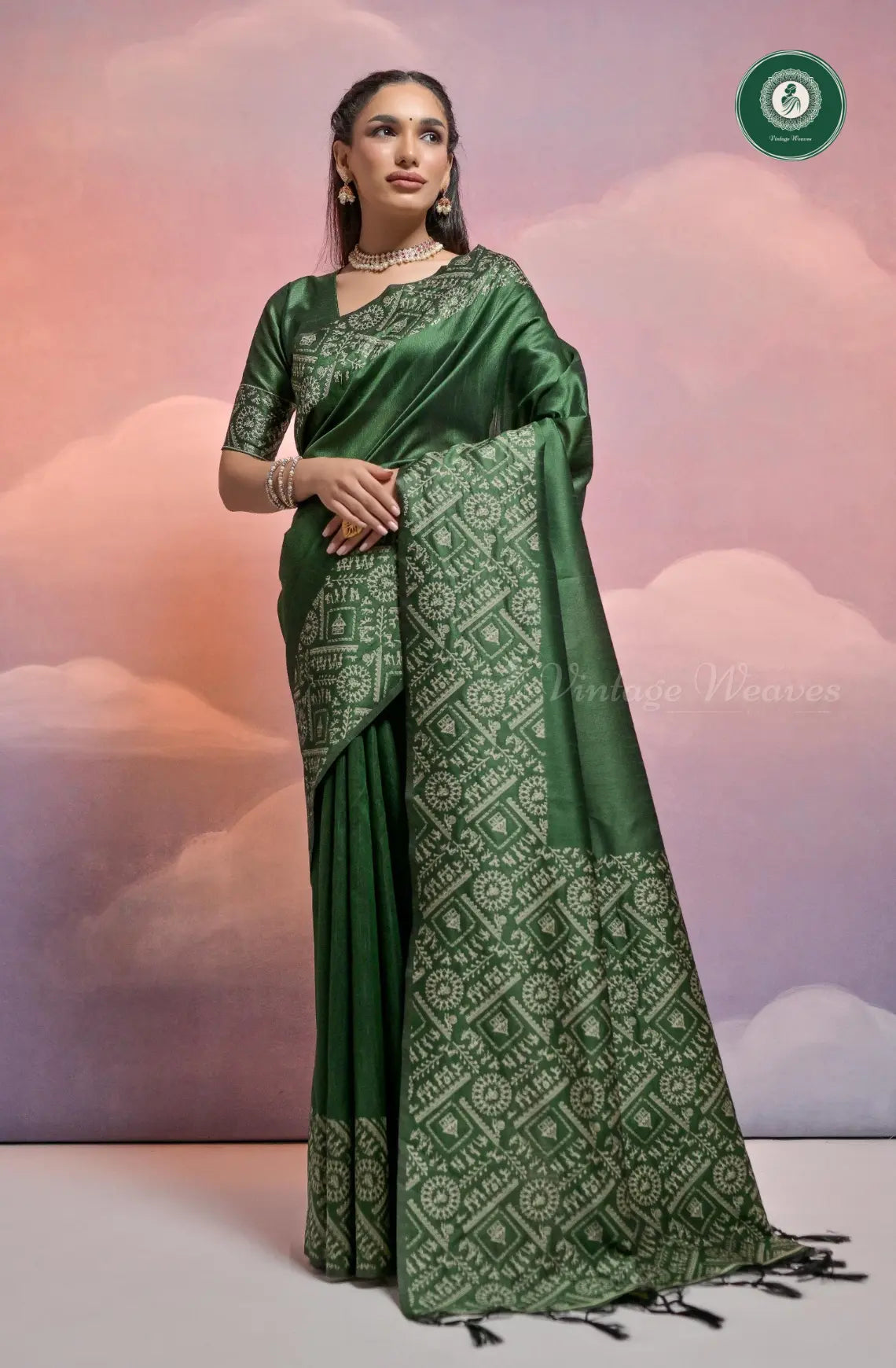 Soft Banglori Handloom Raw Silk Saree with Warli Weaving - Forest Green