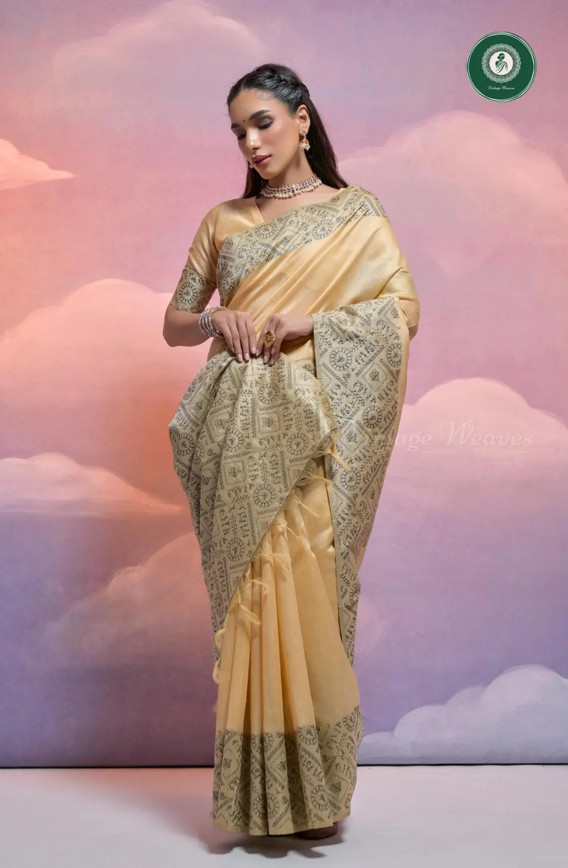 Soft Banglori Handloom Raw Silk Saree with Warli Weaving - Peach