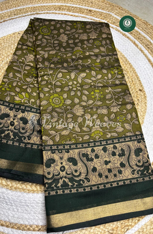 Soft DabuSilk Saree Floral Print-Green