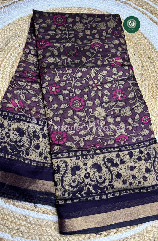 Soft DabuSilk Saree Floral Print-Purple