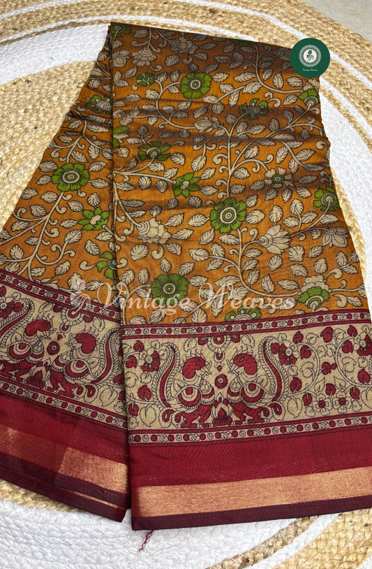 Soft DabuSilk Saree Floral Print-Yellow