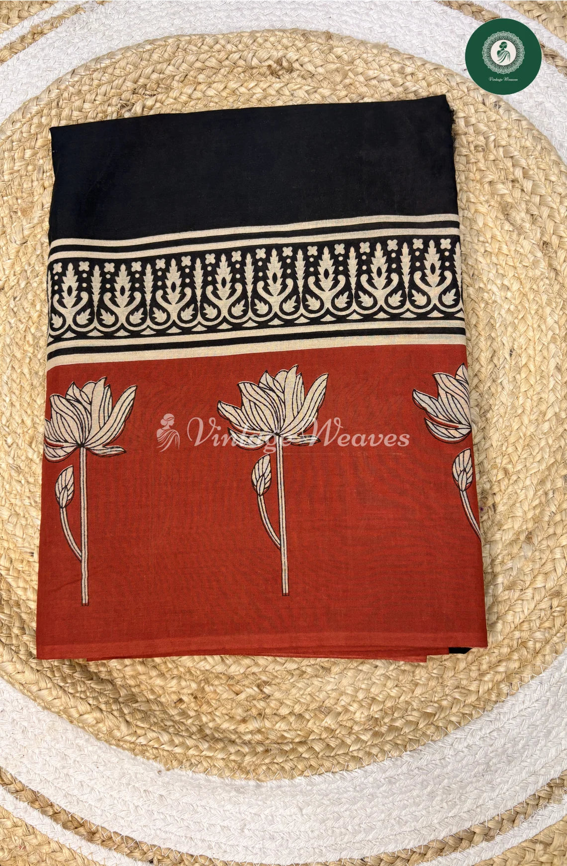 Soft Flower HandBlock Printed Mul Cotton Saree-Black