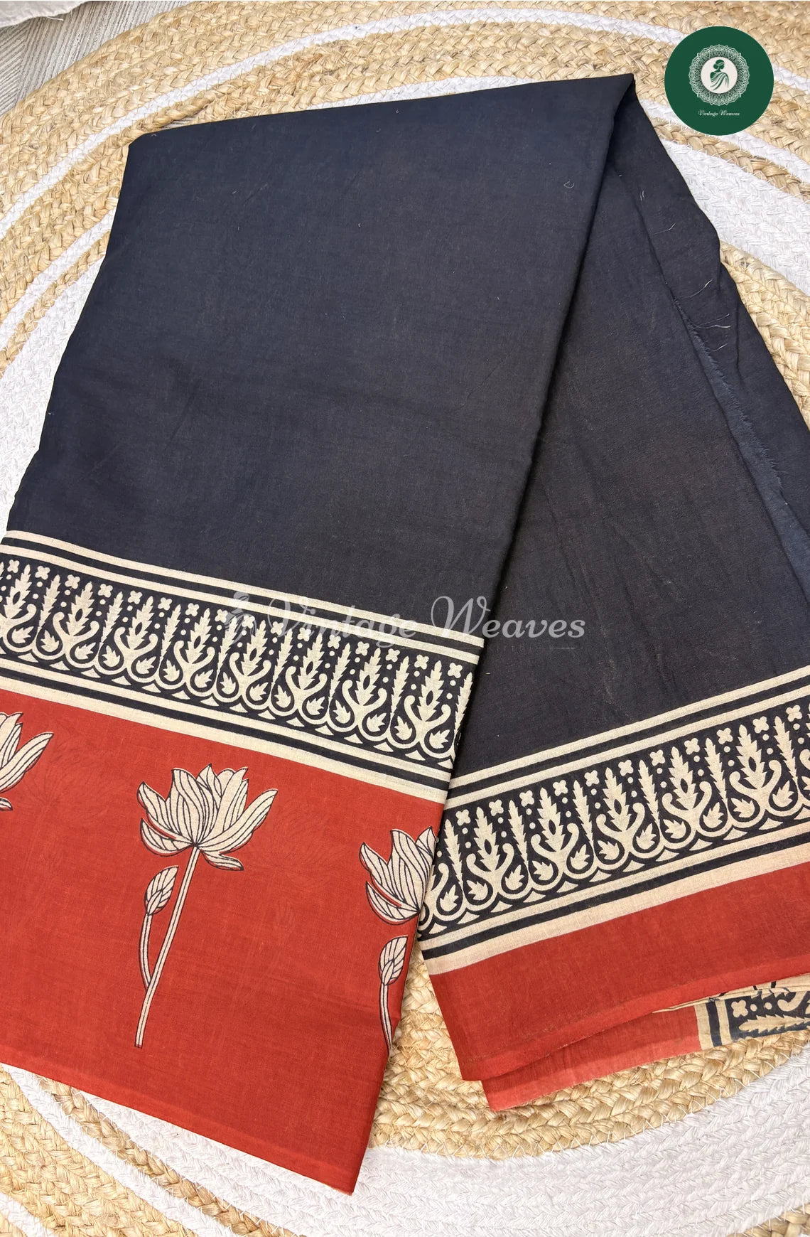 Soft Flower HandBlock Printed Mul Cotton Saree-Black