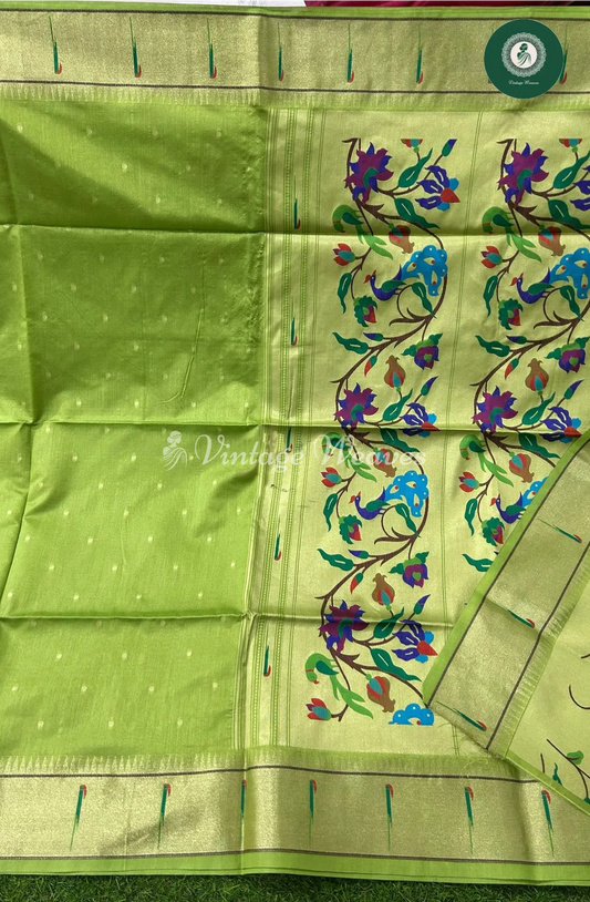 Soft Khadi Raw Silk Saree with Meena Weaving Paithani Pallu -Green