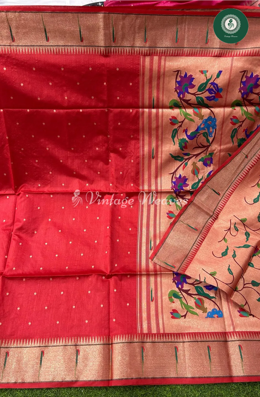 Soft Khadi Raw Silk Saree with Meena Weaving Paithani Pallu - Red