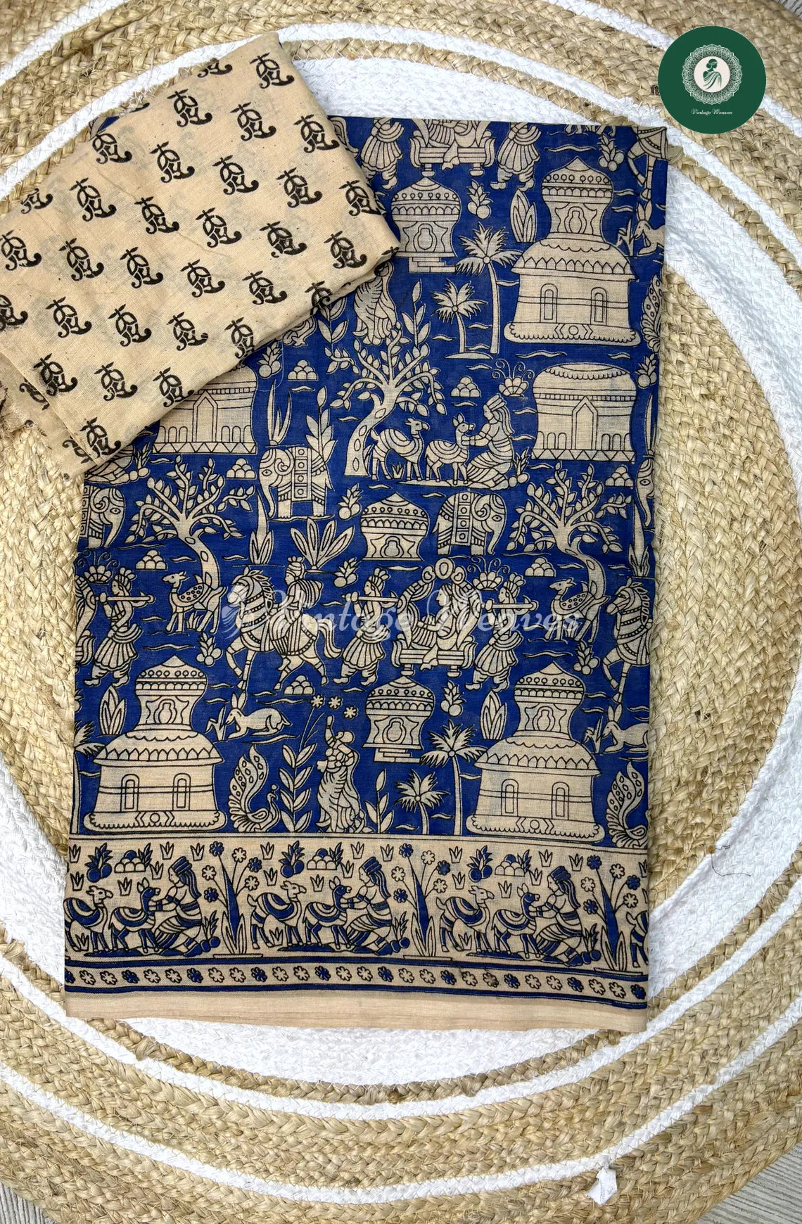 Soft Malai Cotton Saree Deer Design-Blue