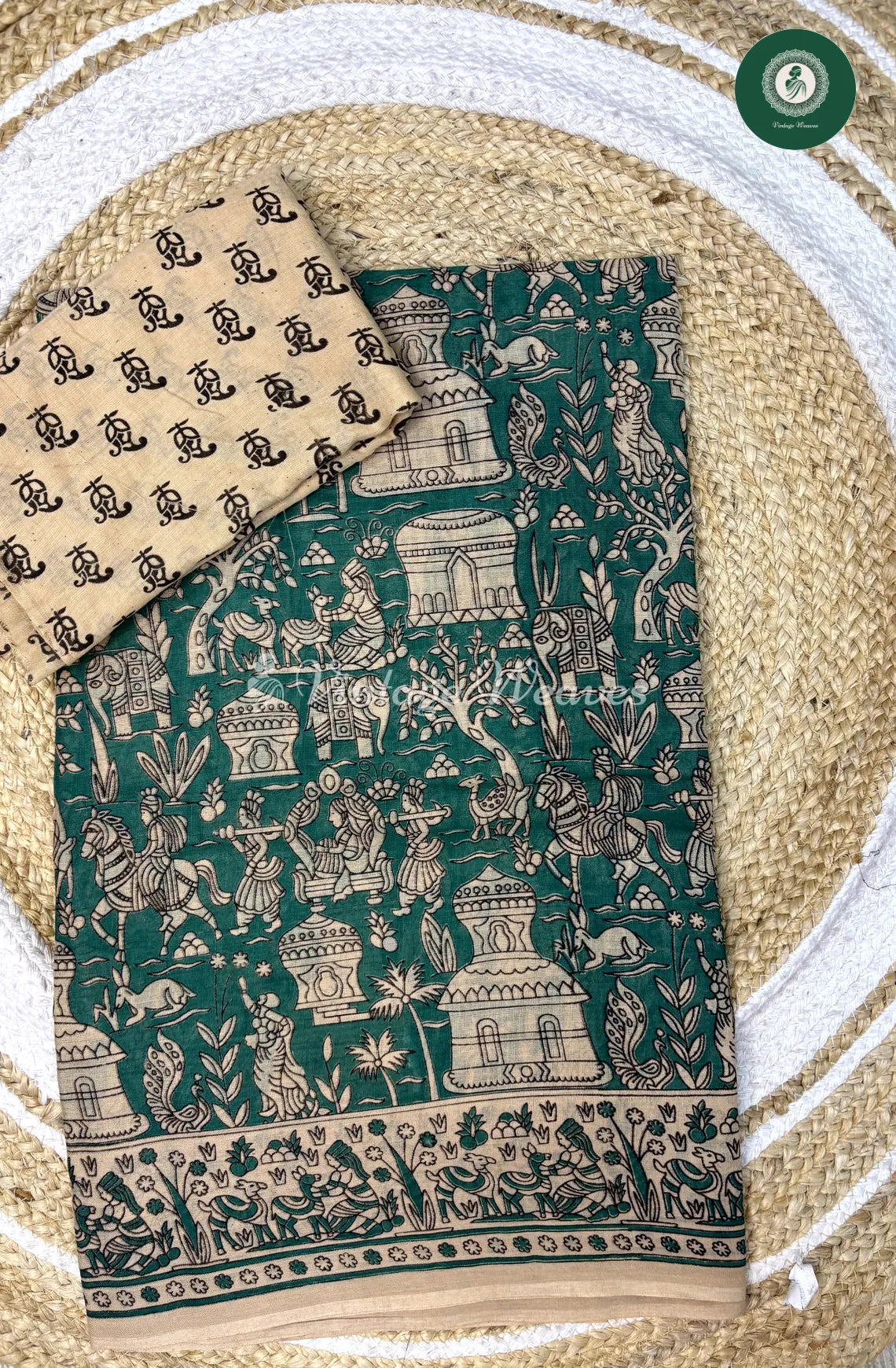Soft Malai Cotton Saree Deer Design-RamaGreen