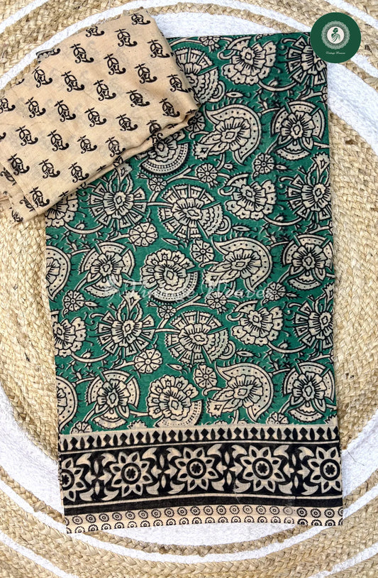 Soft Malai Cotton Saree Flower-RamaGreen