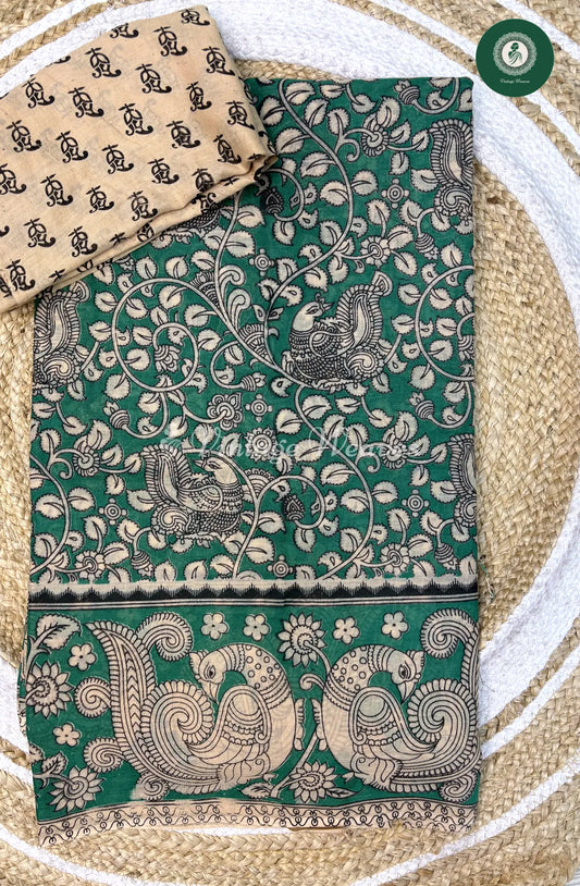 Soft Malai Cotton Saree Peacock-RamaGreen