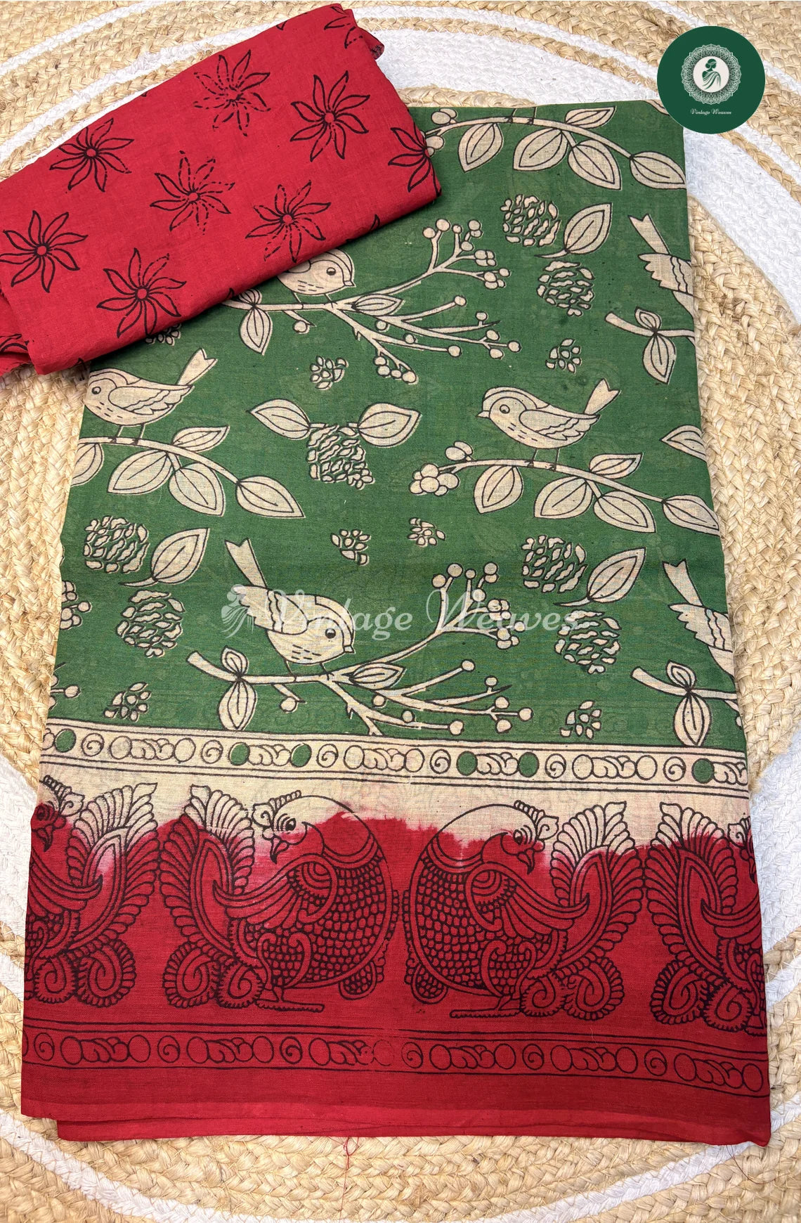 Soft Malai Cotton Saree in Kalamkari BirdPrint-Green