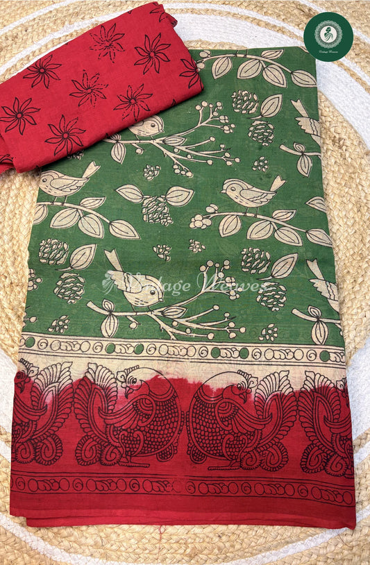 Soft Malai Cotton Saree in Kalamkari BirdPrint-Green