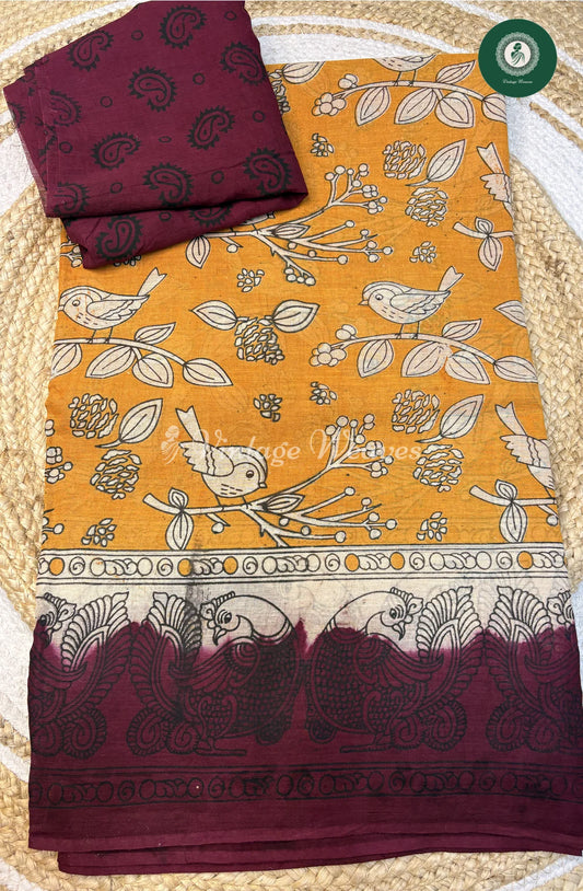 Soft Malai Cotton Saree in Kalamkari BirdPrint-Yellow (1)