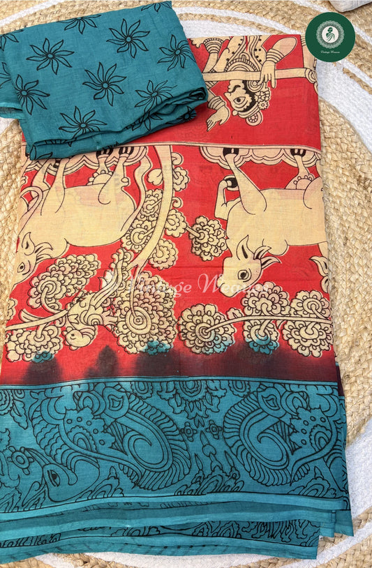Soft Malai Cotton Saree in Kalamkari CowPrint-Red