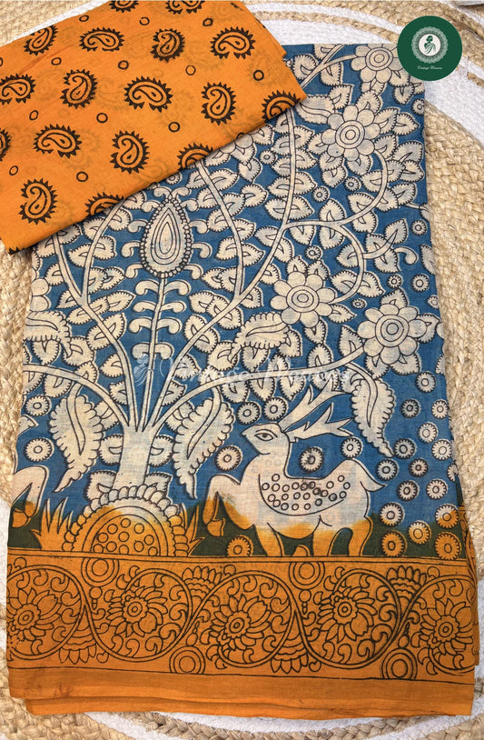 Soft Malai Cotton Saree in Kalamkari DeerPrint-Blue (1)