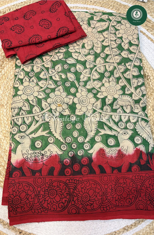 Soft Malai Cotton Saree in Kalamkari DeerPrint-Green