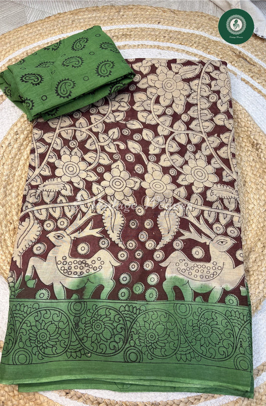 Soft Malai Cotton Saree in Kalamkari DeerPrint-Marron