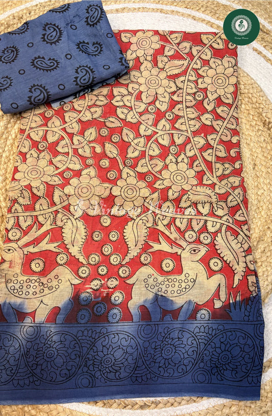Soft Malai Cotton Saree in Kalamkari DeerPrint-Red
