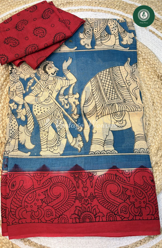 Soft Malai Cotton Saree in Kalamkari ElephantPrint-Blue