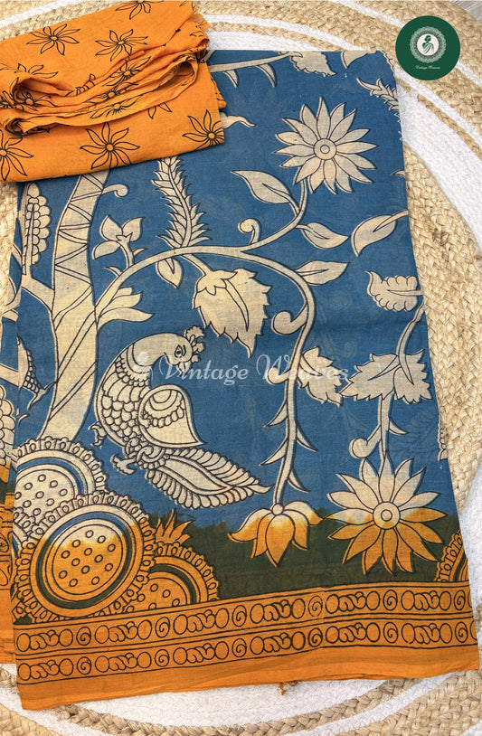 Soft Malai Cotton Saree in Kalamkari PeacockPrint-Blue