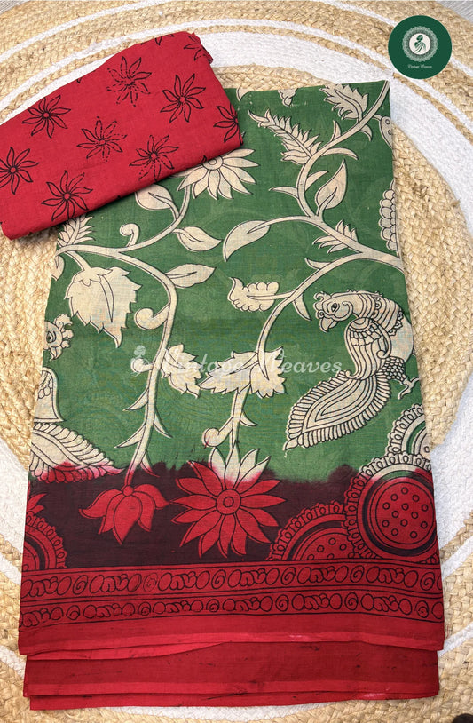 Soft Malai Cotton Saree in Kalamkari PeacockPrint-Green