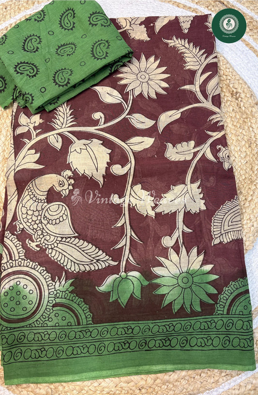 Soft Malai Cotton Saree in Kalamkari PeacockPrint-Marron